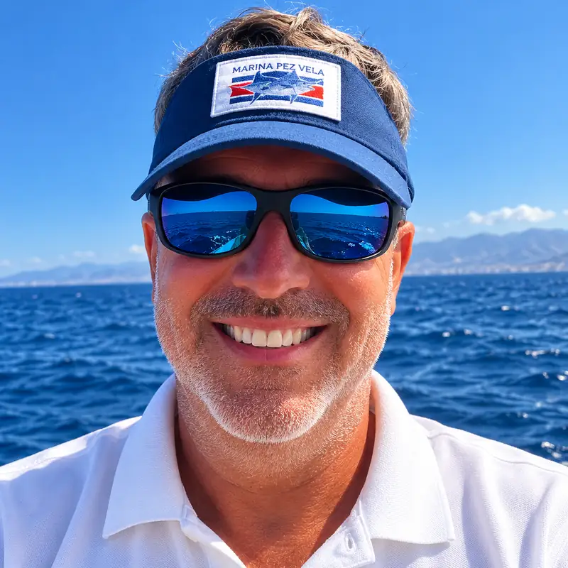 Pedro, kapten på Fish On!, leende ombord med Atlanten i bakgrunden