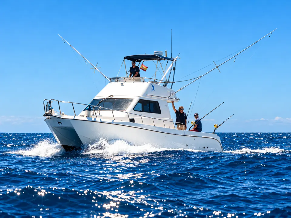 Fish On!, en sportfiskekatamaran, i full fart utanför Gran Canaria